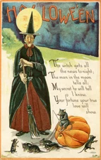 Halloween,  Witch  Mice with Pumpkin coach Poem Old Art