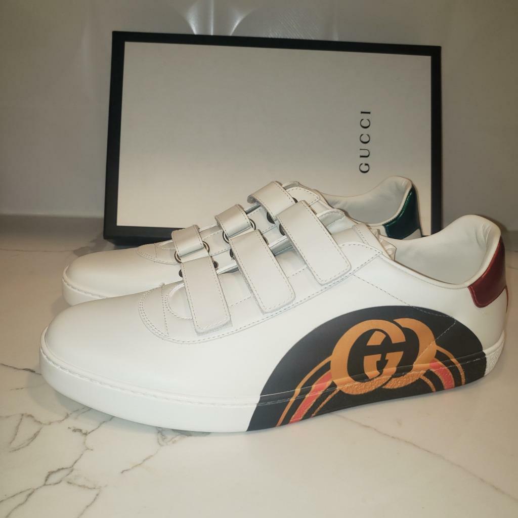 Gucci Ace Interlocking GG Leather 3 Strap Flat Sneakers Shoes White $750 |  eBay