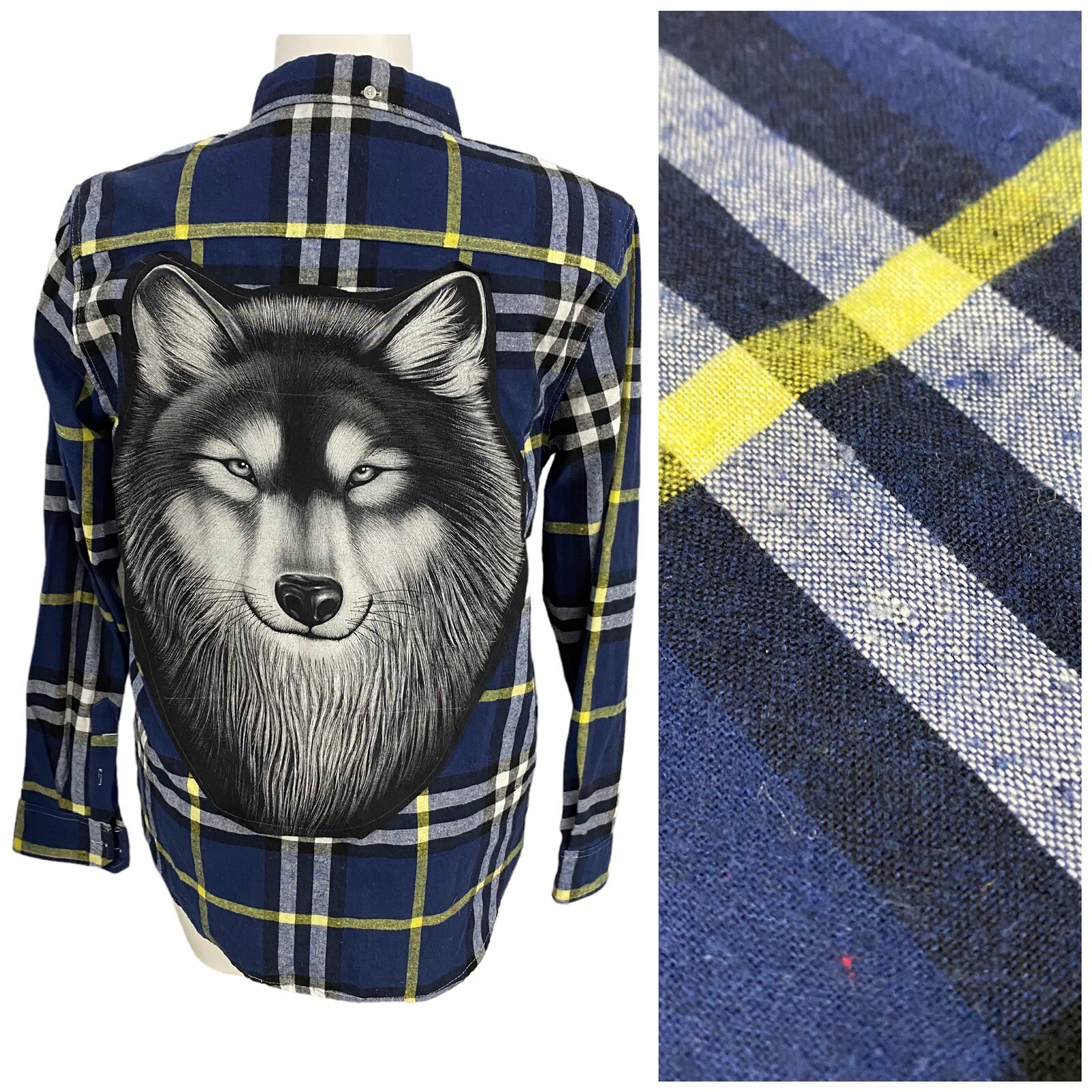 Upcycled Flannel Shirt Mens Medium Husky Dog Blue Plaid Country Grunge Camp Farm-image
