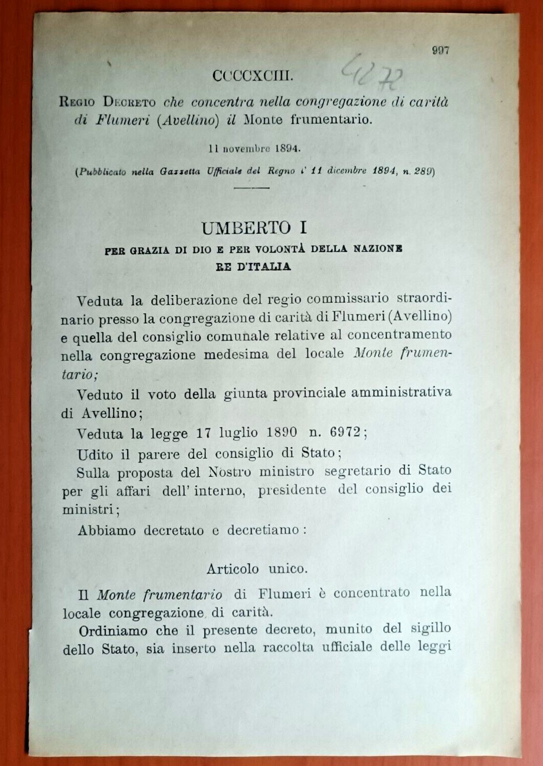 FLUMERI 1894,REGIO DECRETO CONCENTRA CONGREGAZIONE DI CARITA'-4272