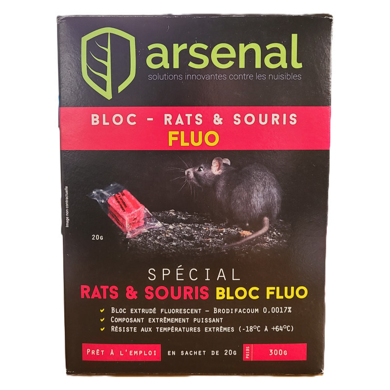 Raticide en bloc fluo brodifacoum 17 ppm éliminant les rongeurs tenaces en boite de 300g