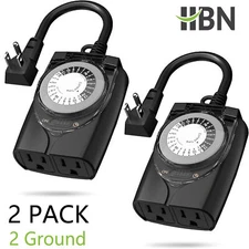 HBN 2 PCS 24Hr Mechanical Outdoor Timer Waterproof 2 Grounded Outlets For Lights