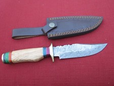 Large Damascus Bowie knife w beautiful blonde wood handle  leather sheath