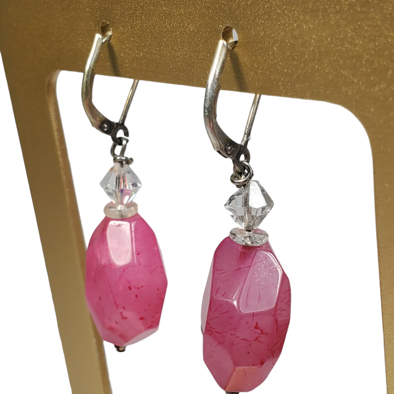 Simulated Ruby Dangle Earrings Pink Unpolished Ra… - image 4