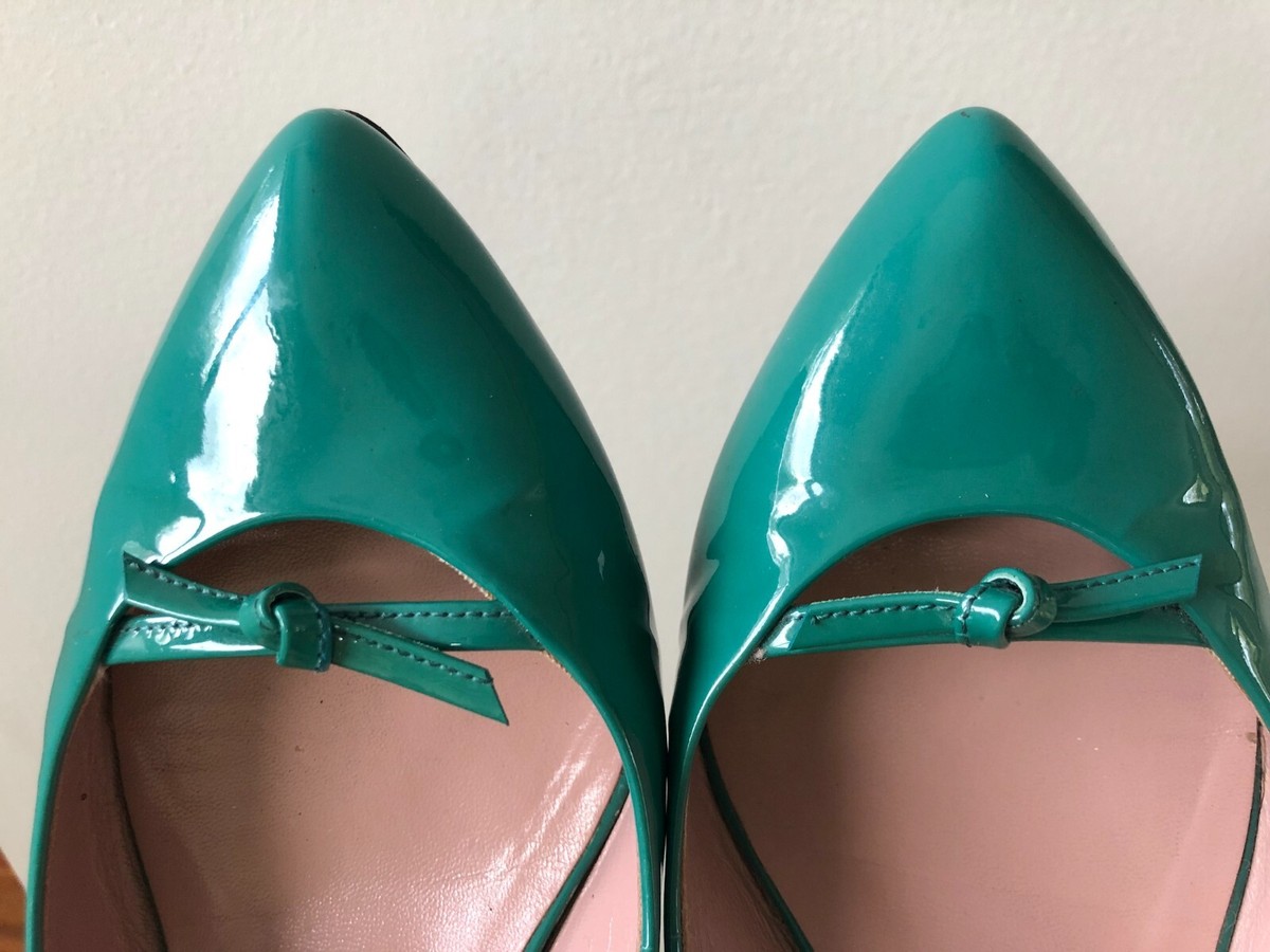 Used Gucci green teal patent leather pumps heels sz 37.5 B 7.5