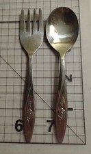 First Years Baby Spoon Fork Lot Stainless Rose Embossed Vintage Play Set