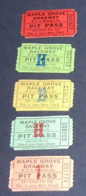 Lot Of 5 Maple Grove Raceway Pit Pass Tickets