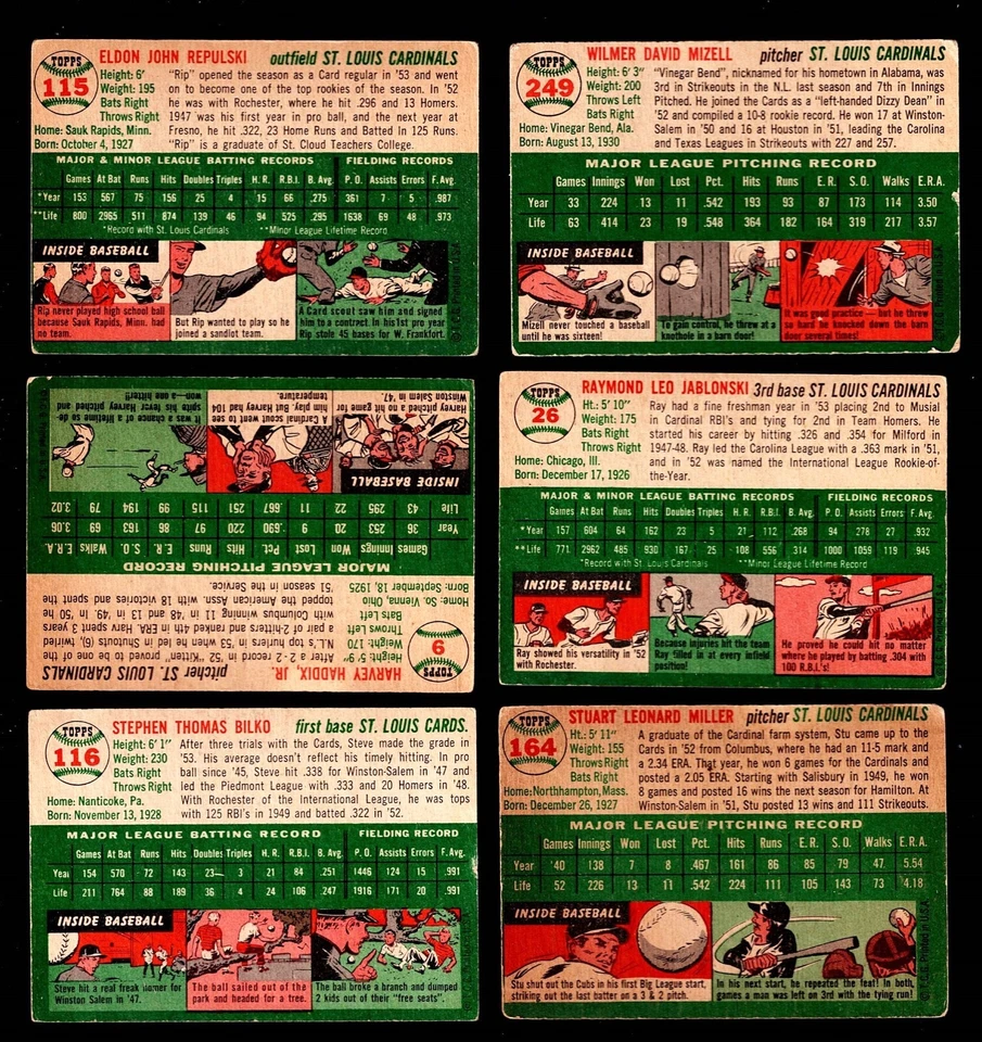 Lote Cardinals 1954 Topps REPULSKI Haddix BILKO Mizell JABLONSKI Miller - Imagem 2 de 2