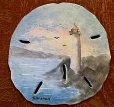Large Hand Painted 4" Sand Dollar Lighthouse Scene Signed~Vintage (427)