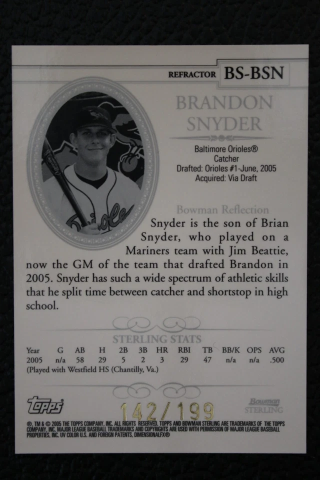2005 Bowman Sterling Brandon Snyder First Year Rookie Baltimore Orioles RC - Image 2 of 2