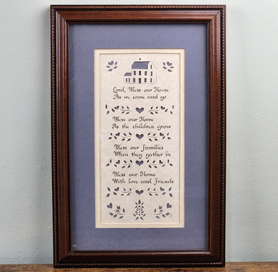 VTG Framed Americana Paper Art  Lord Bless Our Home  Folk Art 9.5x14.5'' Country