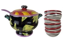 MINT Droll Designs Hand Painted Soup Tureen Lid Ladle 6 Vegetable Bowls Set