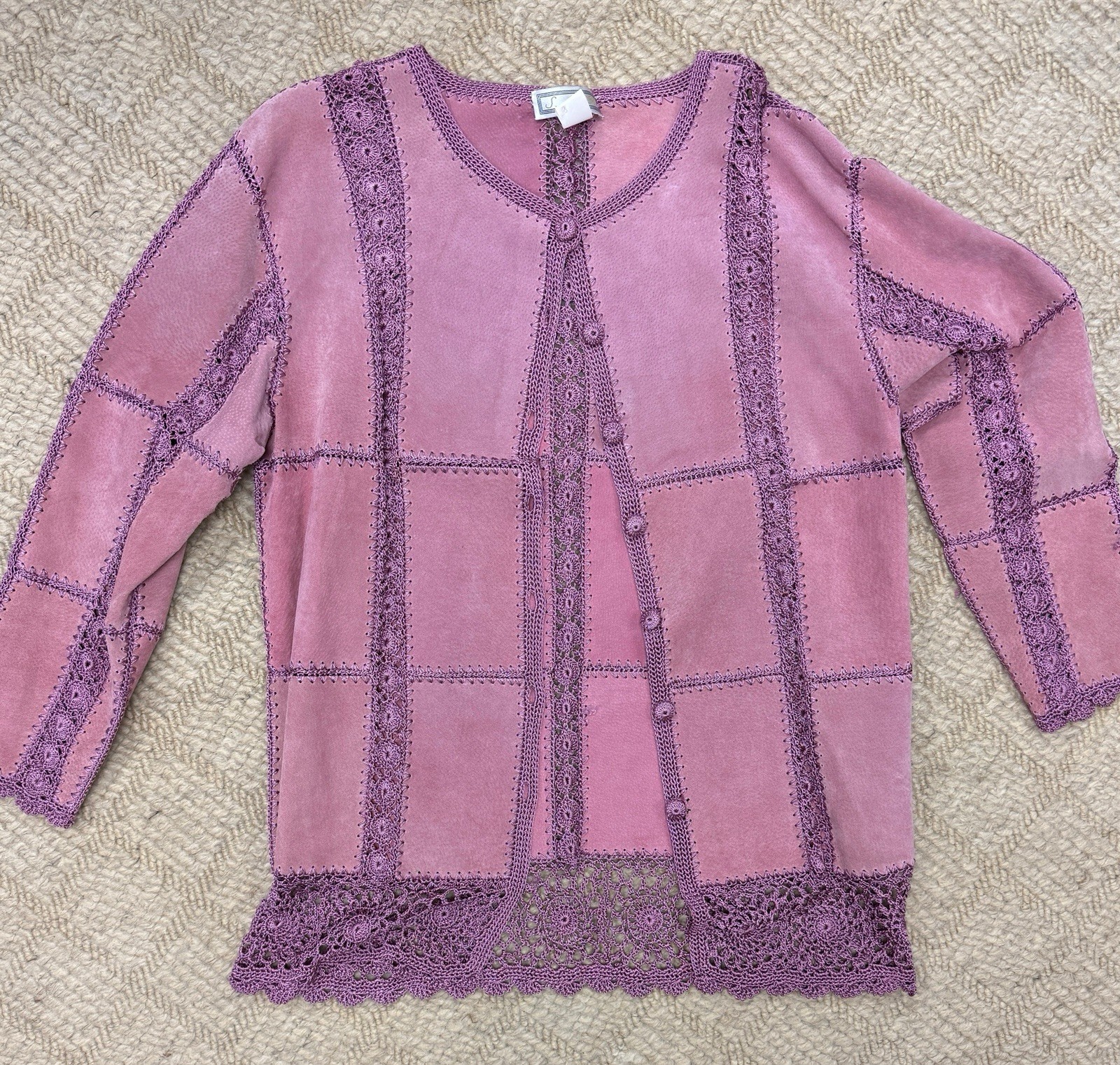 Leather & crochet patchwork jacket boho gypsy med… - image 1