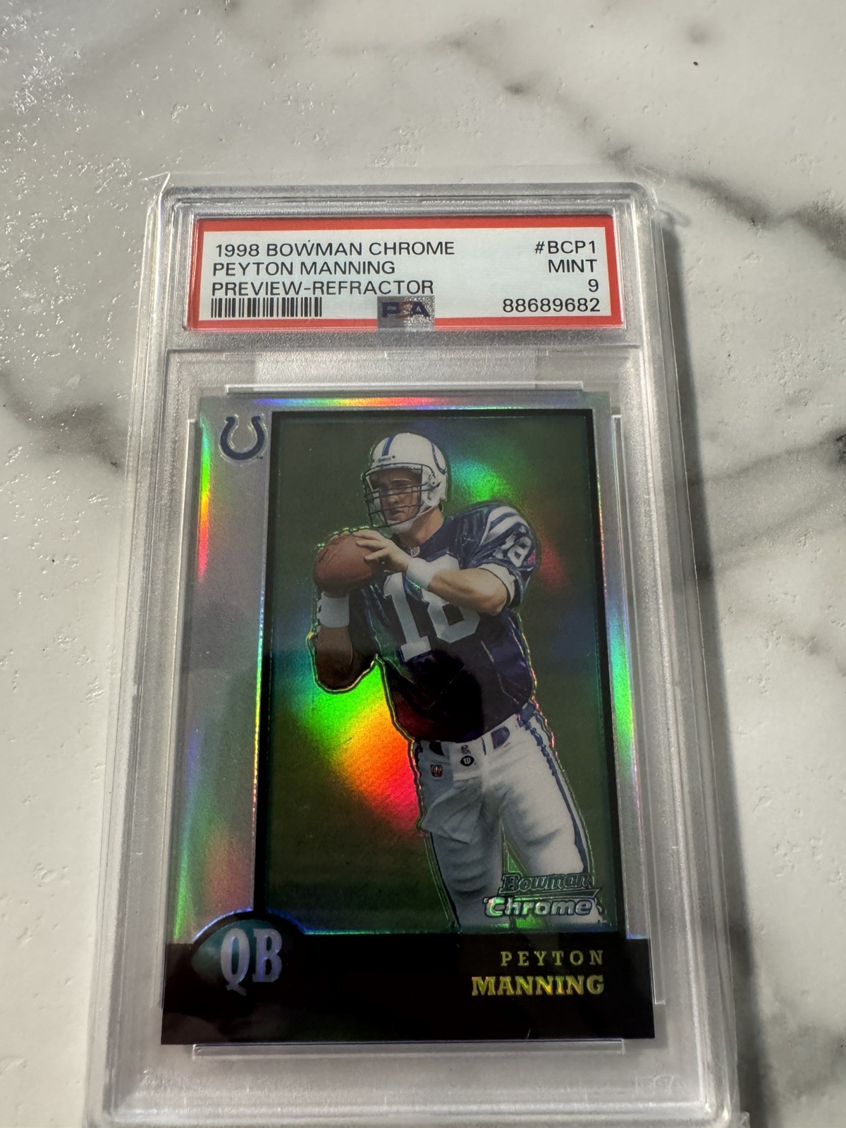Peyton Manning 1998 Bowman #BCP1 Refractor Chrome Preview RC PSA 9! view 2