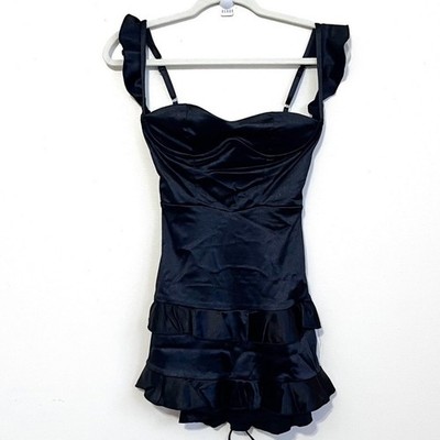 Lucy In The Sky Corset Babydoll Ruffle Mini Dress Size S Black Party Satin