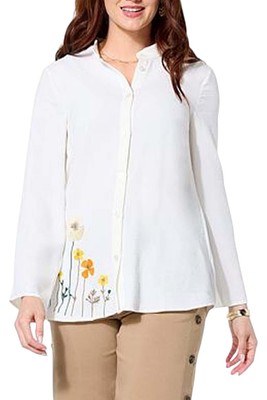 Nina Leonard Women's Mandarin Collar Embroidered Tunic White