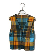 Pleats Please Transfer Pleated Vest 3 Polyester Blue Yellow Auth From Japan RA