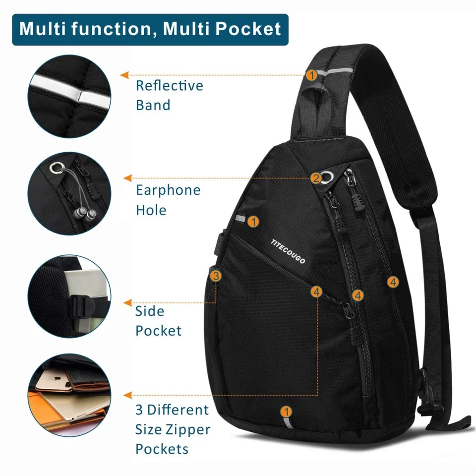Mochila deportiva negra para hombre con 1 cabestrillo transpirable ligera bolsa de pecho de cuero... Foto 2 de 4