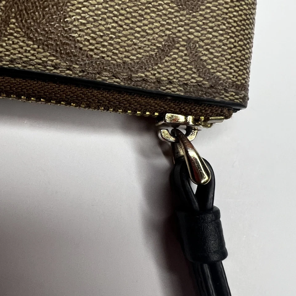 Coach Classic Signature PVC Khaki/Black Leather Corner Zip Wristlet  - Image 3 of 4