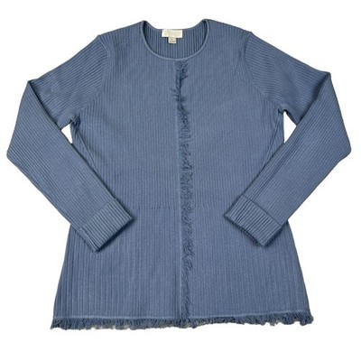 Carlisle New York Blue Ribbed Knit Fringe Trim Sweater Womens L
