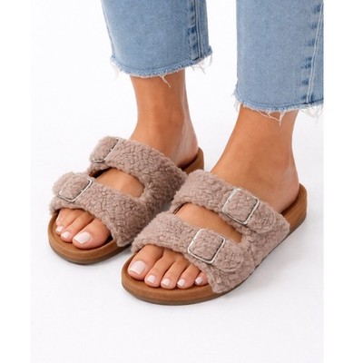 R2 Report Womens Double Buckle Slide Sandals Size 6 Tan Shearling Sherpa
