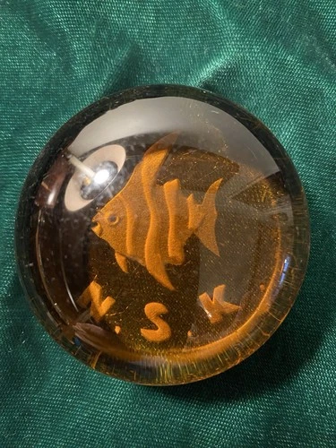 Small Orange/Amber Paperweight with Fish & N.S.K.,Blenko, Murano, Pilgrim glass?