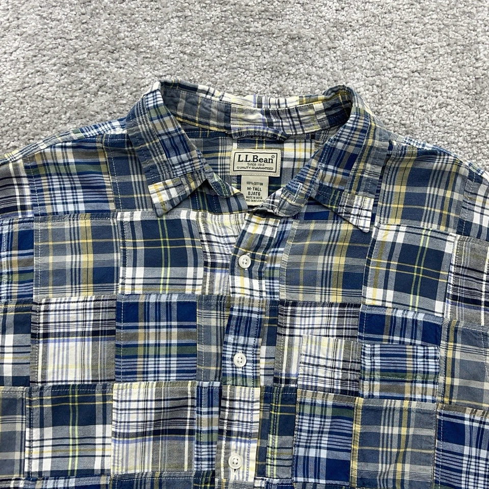 LL Bean Shirt Mens Medium Tall MT Blue Patchwork Plaid Madras Short Sleeve - Image 4 of 4