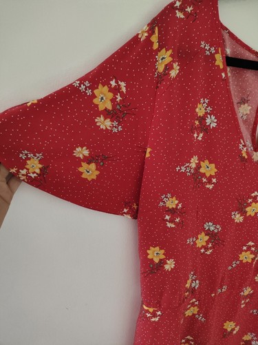 George Ladies Casual Red Yellow floral Knee dress size 24 summer V Neck Belted - Picture 3 of 8