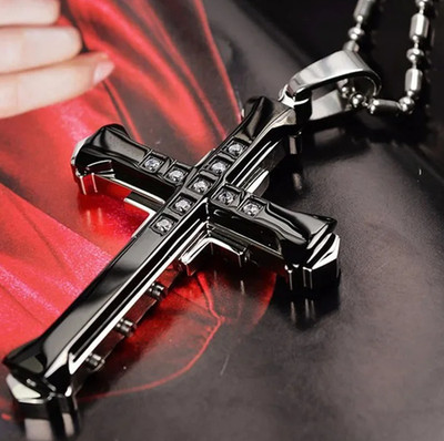 1pc Crystal Cross Pendant Necklace Stainless Steel Jewelry Gift - NEW