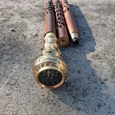 Vintage Brass Compass Walking Cane Wooden Stick Handmade Antique Gift Decor Men