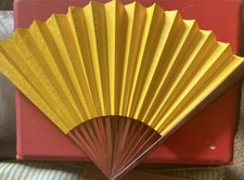 Japanese Gold Brown Folding Fan with Red Handle:Yellow paper  bamboo 12x8  in:  