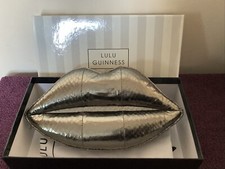 Lulu Guinness Pewter Metallic Snakeskin Padded Lips Clutch Bag