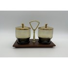 Vintage Condiment Serving Dish Wood Tray Smokey Glass Bowls 1970s Retro Party