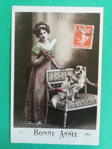 xd087 CPA fantaisie circa 1911 jeune femme et chien Bonne année - Photo 1/2