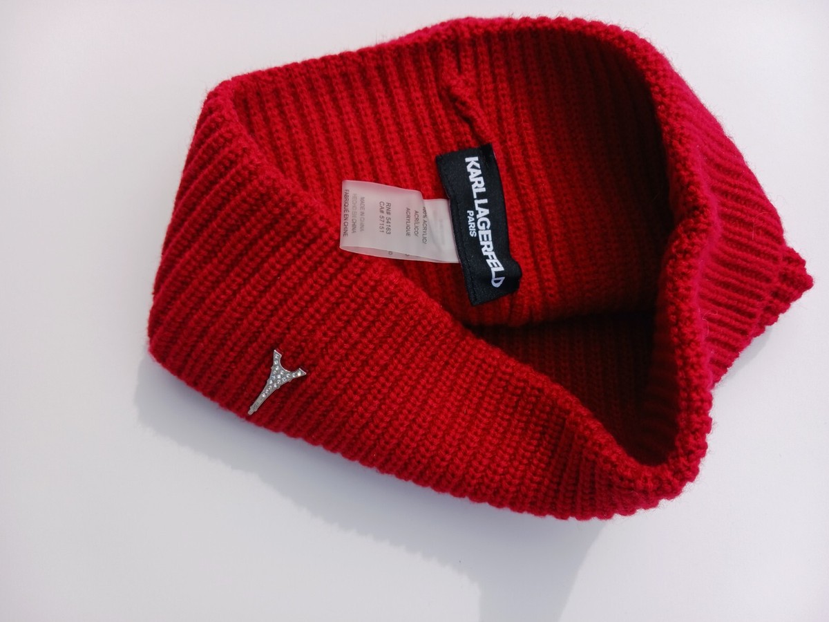 Karl Lagerfeld Red Eiffel Tower Knit Beanie Hat Paris Eiffel Tower Rib Red Beanie Hat Karl Lagerfeld NWOT | eBay main image 2