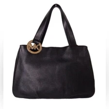 Michael Kors Fulton EastWest Black Soft Pebbled Leather Lg Gold MK Medallion Bag