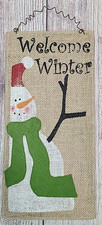 Christmas Snowman Welcome Winter Sign Beige White Green Jute 14.75" Unbranded