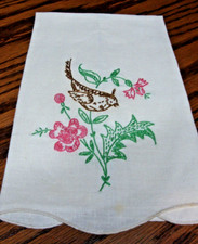 Tea Towel Bird Floral Design Hand-Embroidered Fingertip -Guest Room Vintage 58
