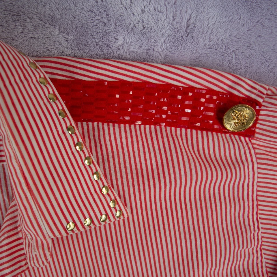 Camisa con botones adornada Marquis para hombre talla 15,5 33-34 a rayas roja blanca Foto 3 de 4