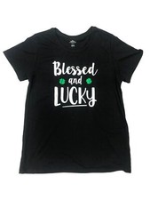 Womens Black Blessed And Lucky St Patricks Day Shamrock T-Shirt