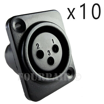 10 Pack Lot XLR 3-Pin Female Panel Mount Chassis Microphone Jack Audio Connector