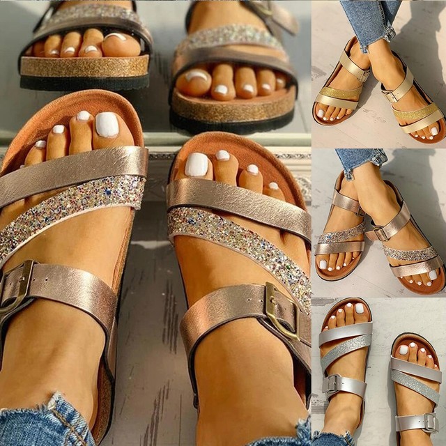 Womens Double Strap Cork Sole Sandals Buckle Open Toe Flip Flop Slipper