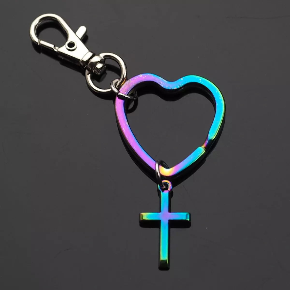 Small Cross Rainbow Neon Keychain Pendant Heart Shaped Key Ring Clip Gift