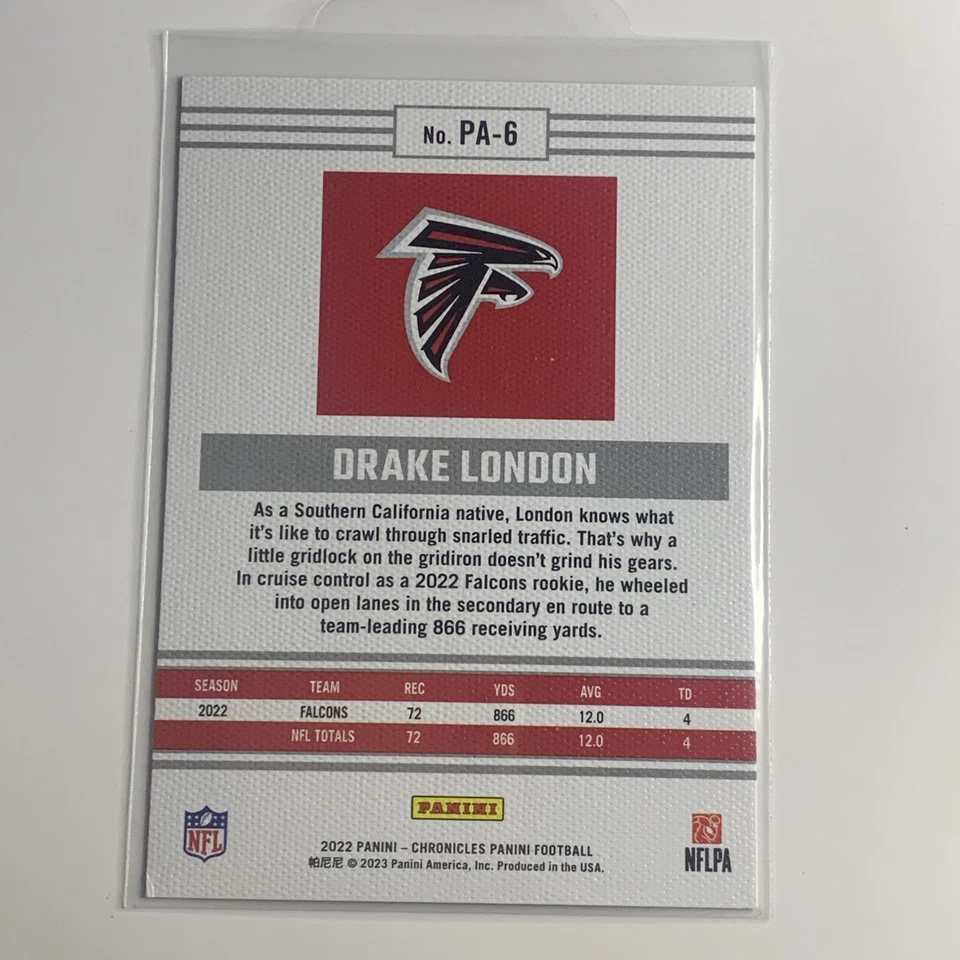 2022 PANINI CHRONICLES FOOTBALL DRAKE LONDON PINK PARALLEL ROOKIE CARD PA-6 RC - Image 2 of 2