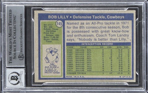 Cowboys Bob Lilly "2x Insc." Signed 1972 Topps #145 Card Auto 10! BAS Slabbed - Picture 2 of 2