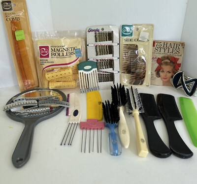 Lot Of Vintage Goody Hair Care~Brushes,  Combs, Rollers, Picks, Mirror, Clips