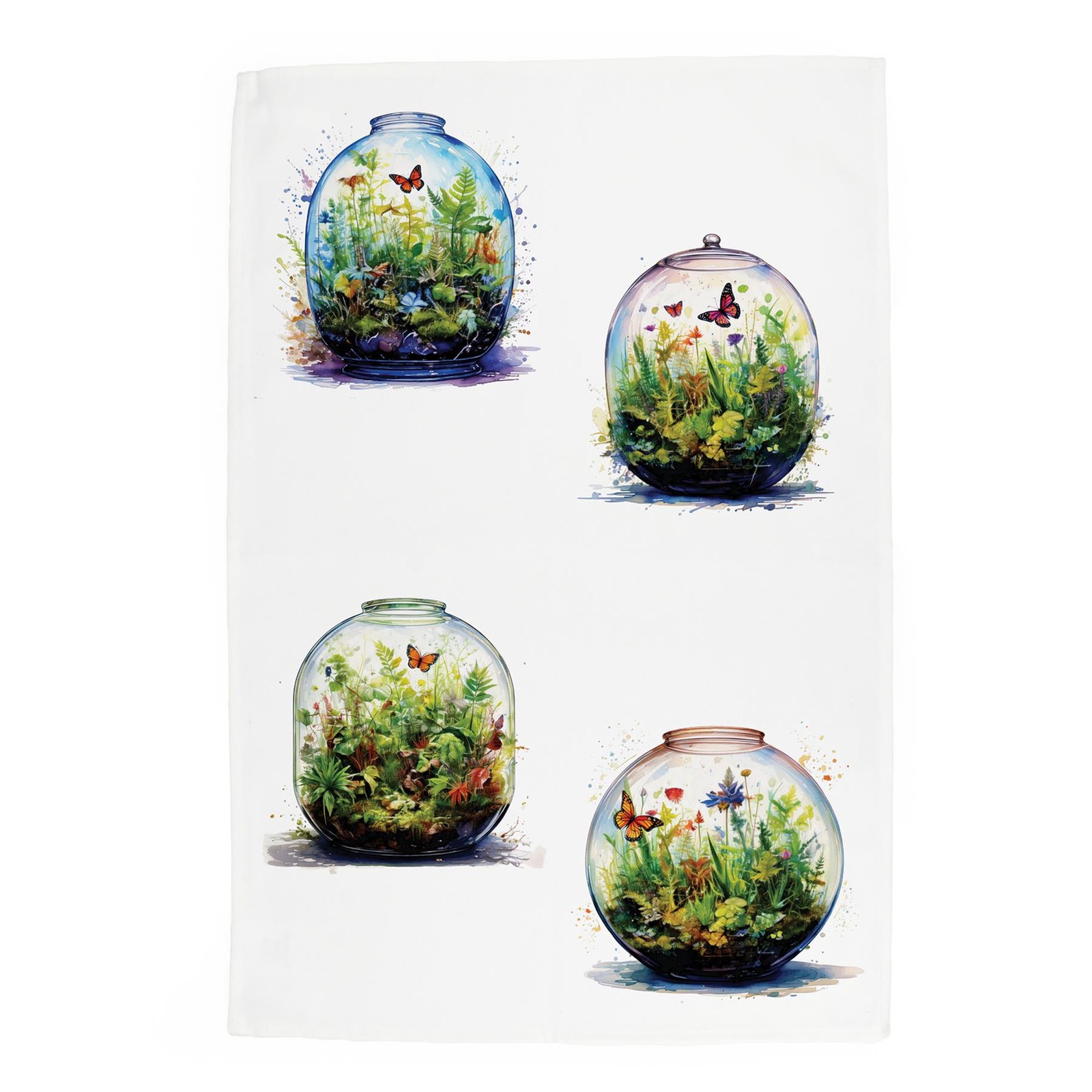 Plant Terrariums Tea Towel - Botanical Butterflies Kitchen Dish Towel Gift