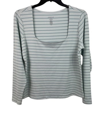 Ultra Flirt Essentials Womens 1X Long Sleeve Light Blue Striped Shirt