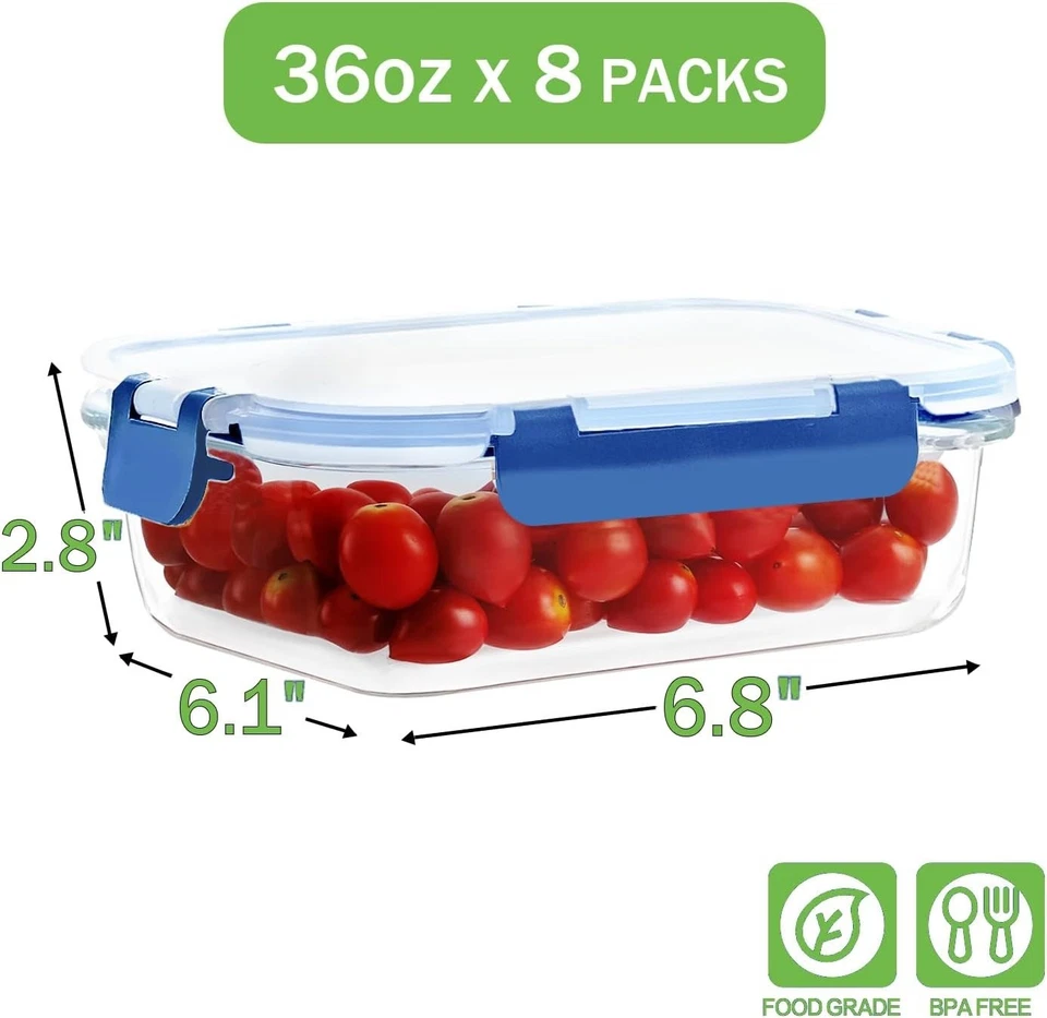 8 Pack 36oz Glass Meal Prep Containers - Leak Proof Lids - Image 4 of 4