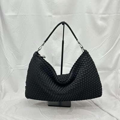 Naghedi Womens Porto Medium Half Moon Woven Tote Bag Neoprene Black